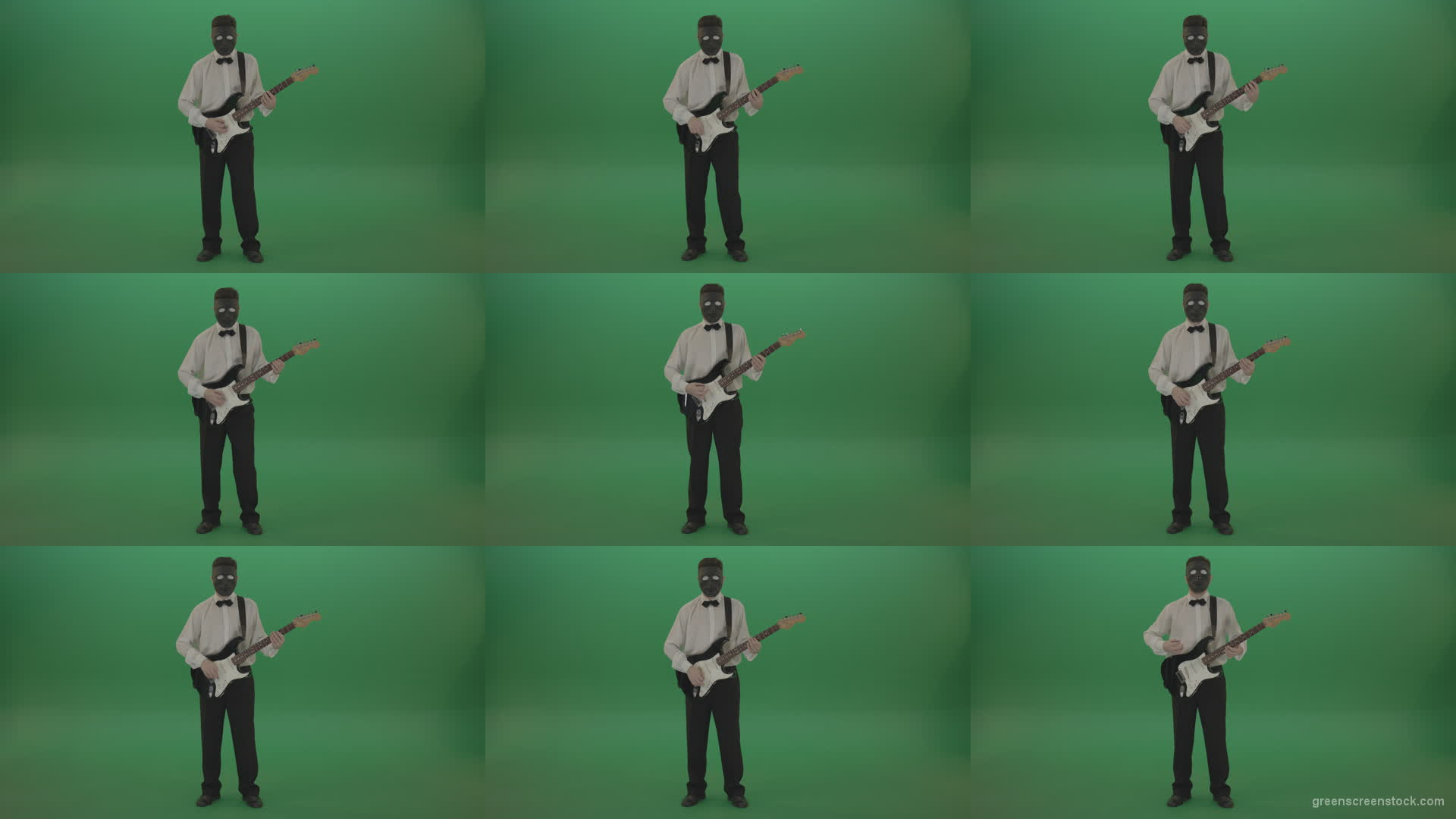 Classic-guitarist-in-white-shirt-play-guitar-in-mask-isolated-on-green-screen Green Screen Stock