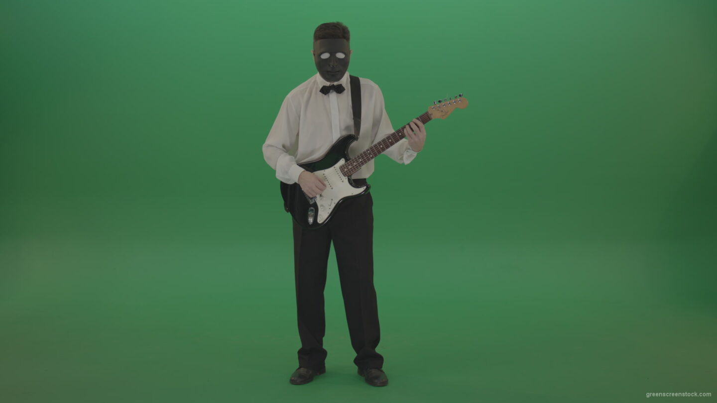 vj video background Classic-guitarist-in-white-shirt-play-guitar-in-mask-isolated-on-green-screen_003