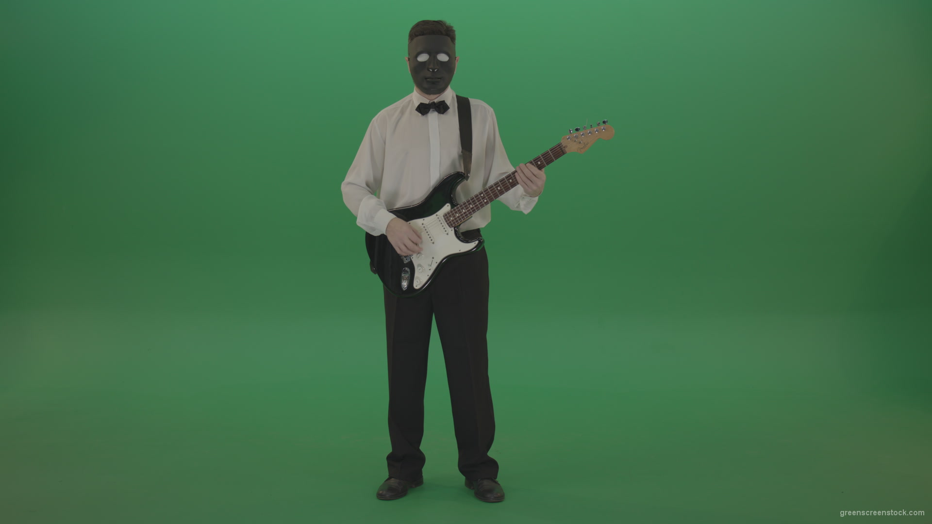 Classic-guitarist-in-white-shirt-play-guitar-in-mask-isolated-on-green-screen_006 Green Screen Stock