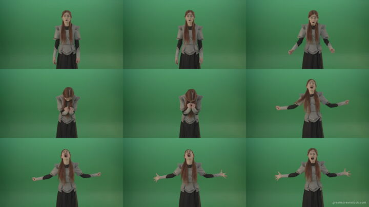 Cried-warrior-girl-releases-all-her-energy-cosplay-on-a-green-background Green Screen Stock
