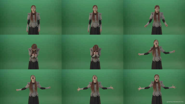 Cried-warrior-girl-releases-all-her-energy-cosplay-on-a-green-background Green Screen Stock