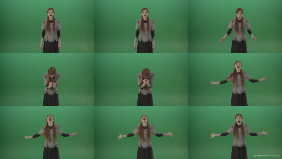 Cried-warrior-girl-releases-all-her-energy-cosplay-on-a-green-background Green Screen Stock