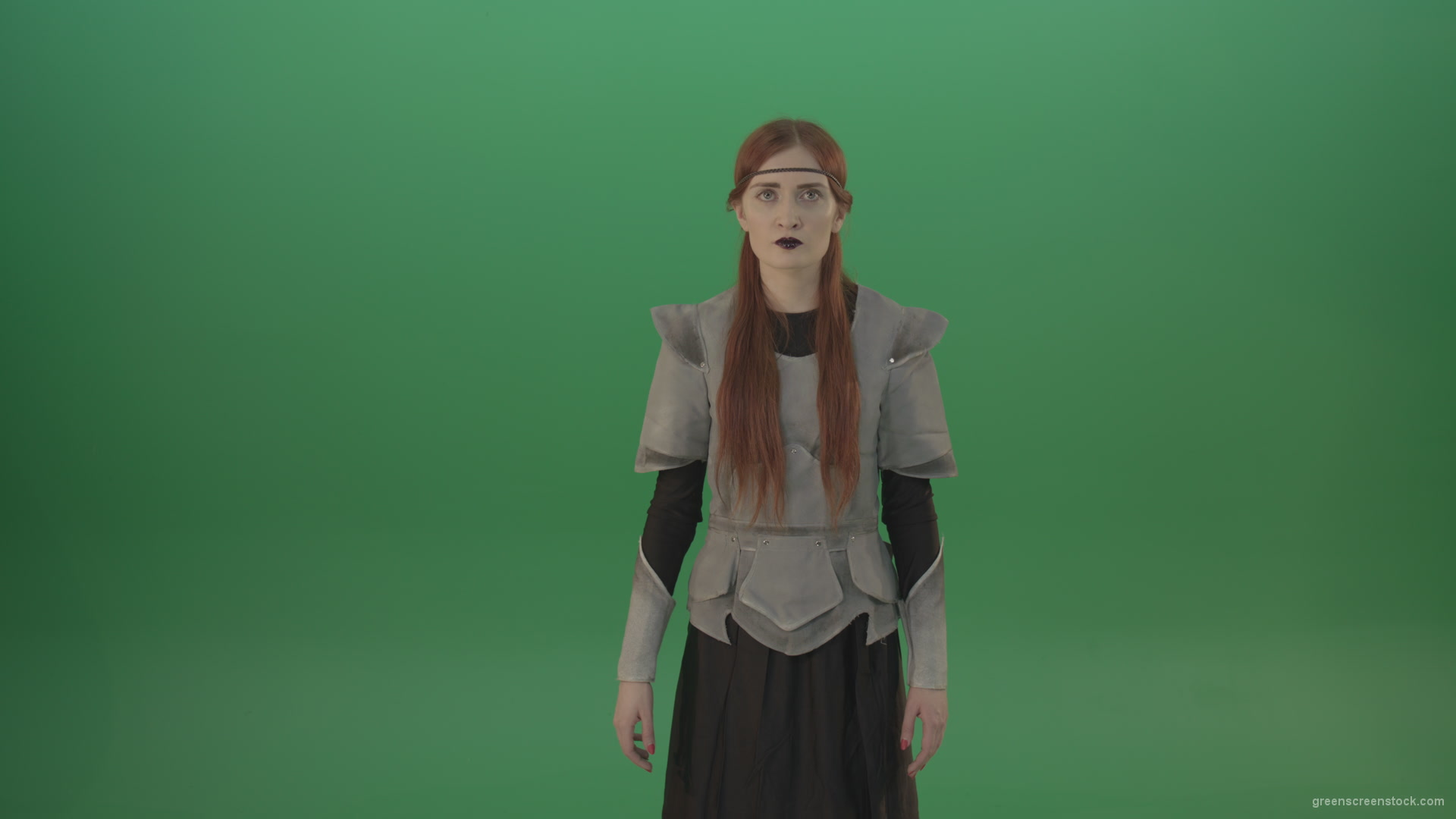 Cried-warrior-girl-releases-all-her-energy-cosplay-on-a-green-background_002 Green Screen Stock