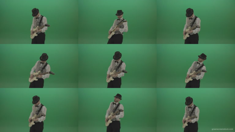 Dramatic-virtuoso-man-playing-guitar-solo-music-isolated-on-chromakey-green-screen Green Screen Stock