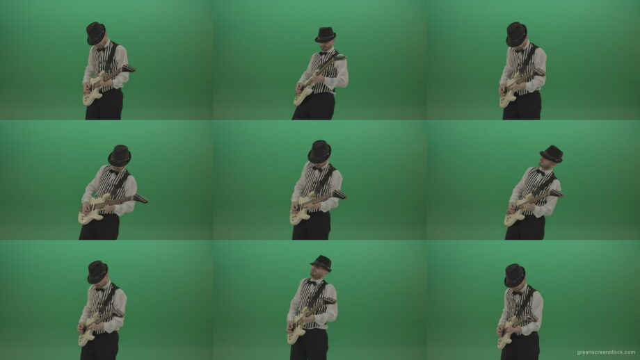 Dramatic-virtuoso-man-playing-guitar-solo-music-isolated-on-chromakey-green-screen Green Screen Stock
