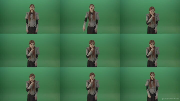 Dressed-Witch-Girl-in-medieval-costume-showing-quit-sign-emotion-with-finger-isolated-on-green-screen Green Screen Stock