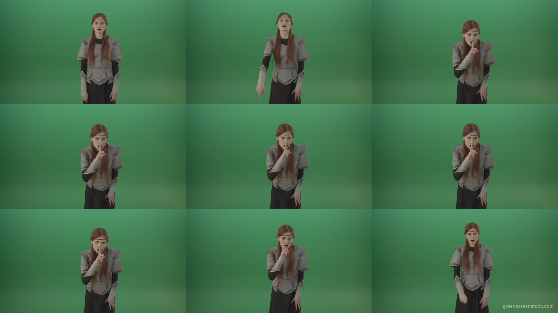 Dressed-Witch-Girl-in-medieval-costume-showing-quit-sign-emotion-with-finger-isolated-on-green-screen Green Screen Stock