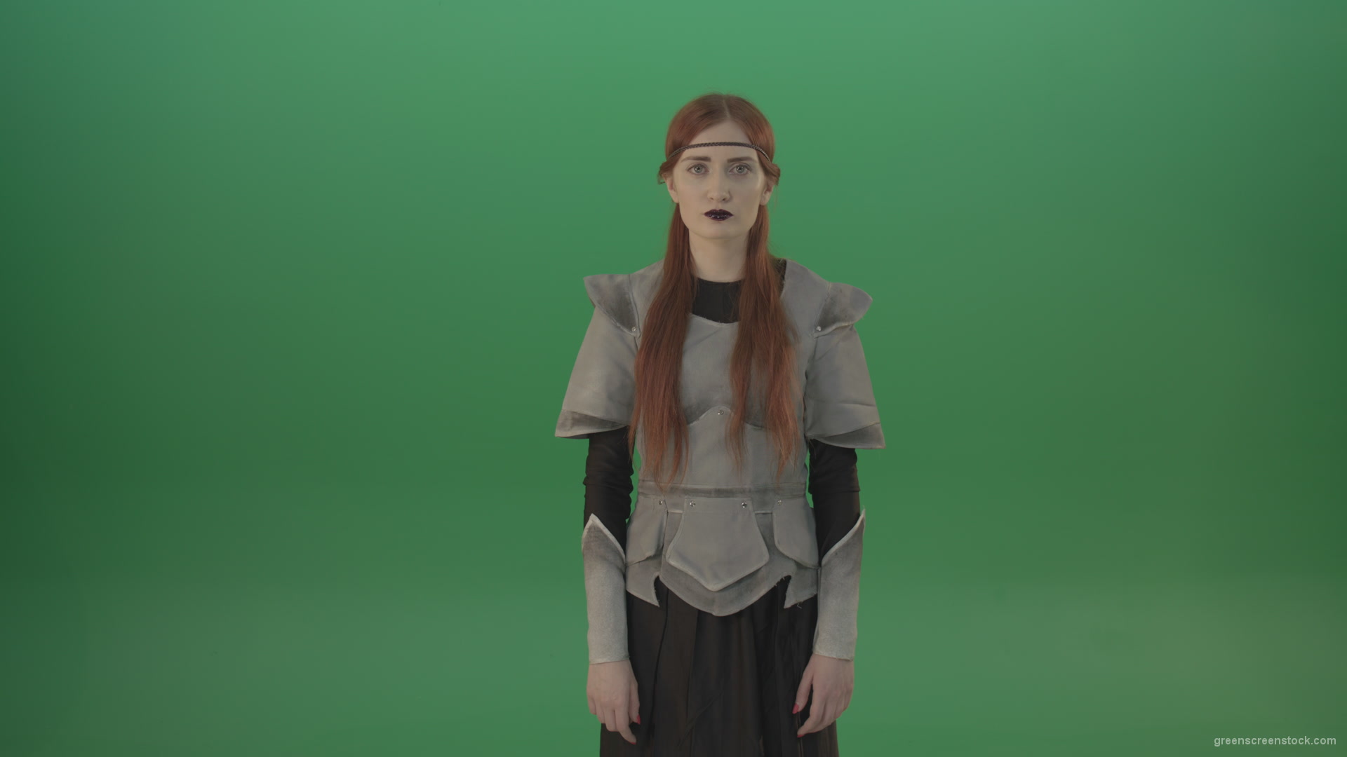 Dressed-Witch-Girl-in-medieval-costume-showing-quit-sign-emotion-with-finger-isolated-on-green-screen_001 Green Screen Stock