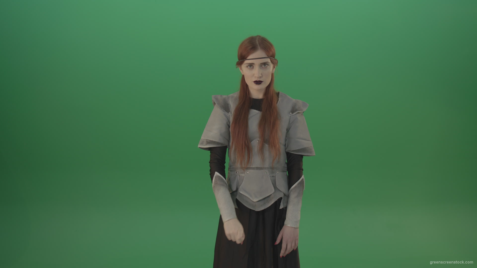 Dressed-Witch-Girl-in-medieval-costume-showing-quit-sign-emotion-with-finger-isolated-on-green-screen_009 Green Screen Stock
