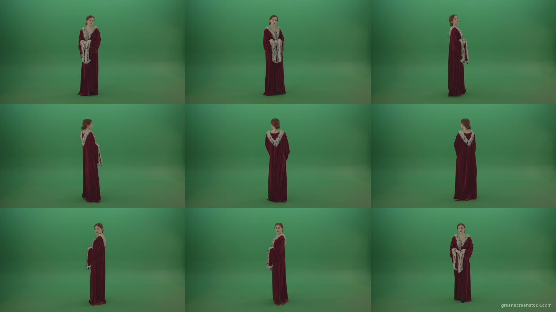 Elegant-woman-princess-with-light-movements-shows-her-beauty-dressed-in-red-cloak-on-a-green-background Green Screen Stock
