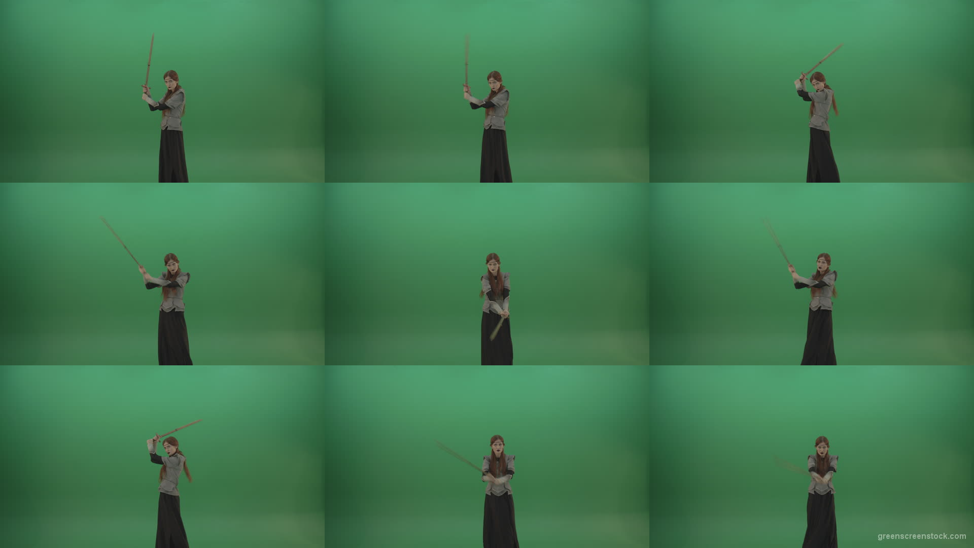 Fighting-girl-in-silver-armor-swinging-with-the-sword-aiming-at-one-goal-on-chromakey Green Screen Stock