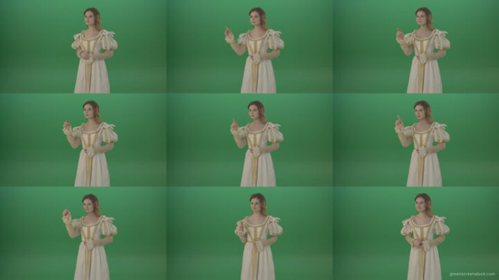 Flipping-a-virtual-reality-screen-the-girl-gladly-looks-at-the-photo-isolated-on-green-screen Green Screen Stock