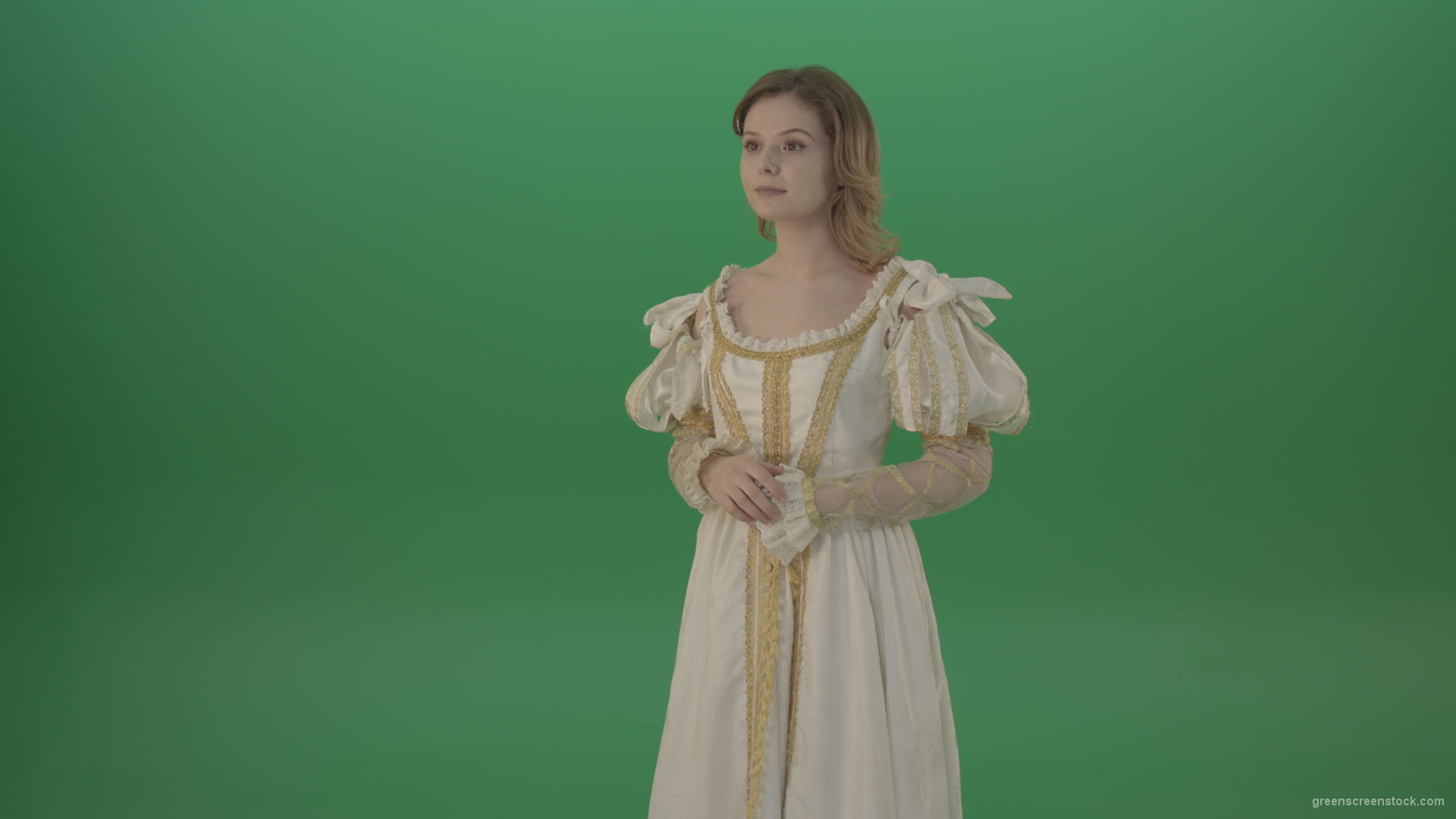 Flipping-a-virtual-reality-screen-the-girl-gladly-looks-at-the-photo-isolated-on-green-screen_001 Green Screen Stock