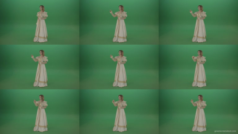 Flips-a-virtual-screen-girl-in-a-white-princess-dress-isolated-on-green-screen Green Screen Stock