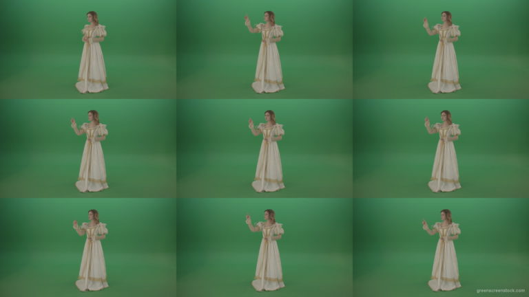 Flips-the-touchscreen-princess-in-a-white-dress-isolated-on-green-screen Green Screen Stock