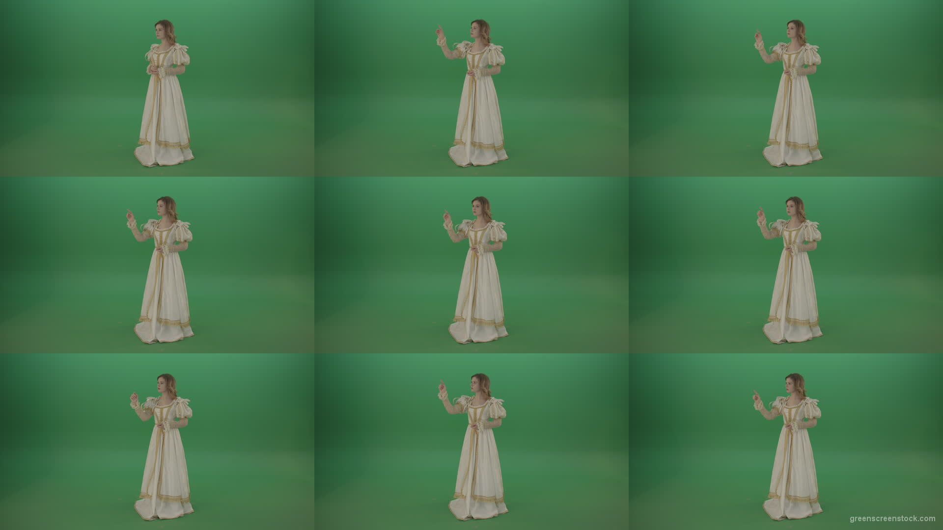 Flips-the-touchscreen-princess-in-a-white-dress-isolated-on-green-screen Green Screen Stock