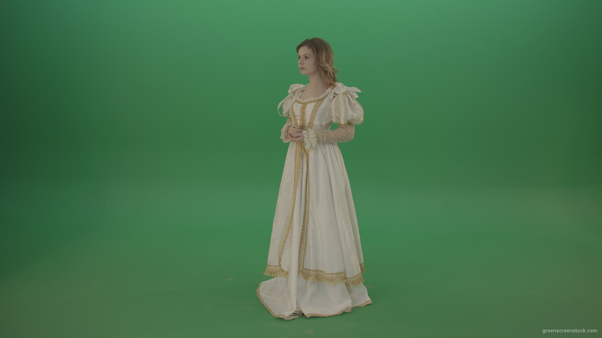 Flips-the-touchscreen-princess-in-a-white-dress-isolated-on-green-screen_001 Green Screen Stock