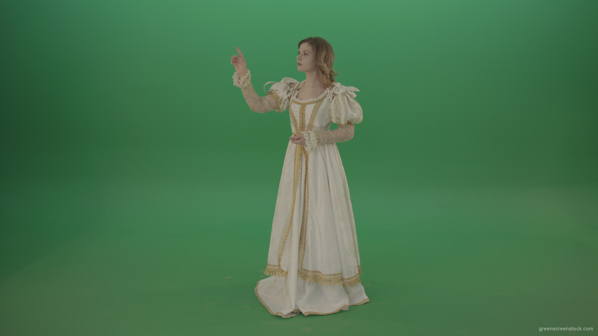 Flips-the-touchscreen-princess-in-a-white-dress-isolated-on-green-screen_002 Green Screen Stock
