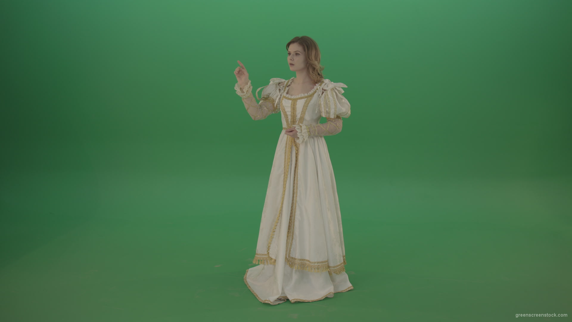 Flips-the-touchscreen-princess-in-a-white-dress-isolated-on-green-screen_005 Green Screen Stock