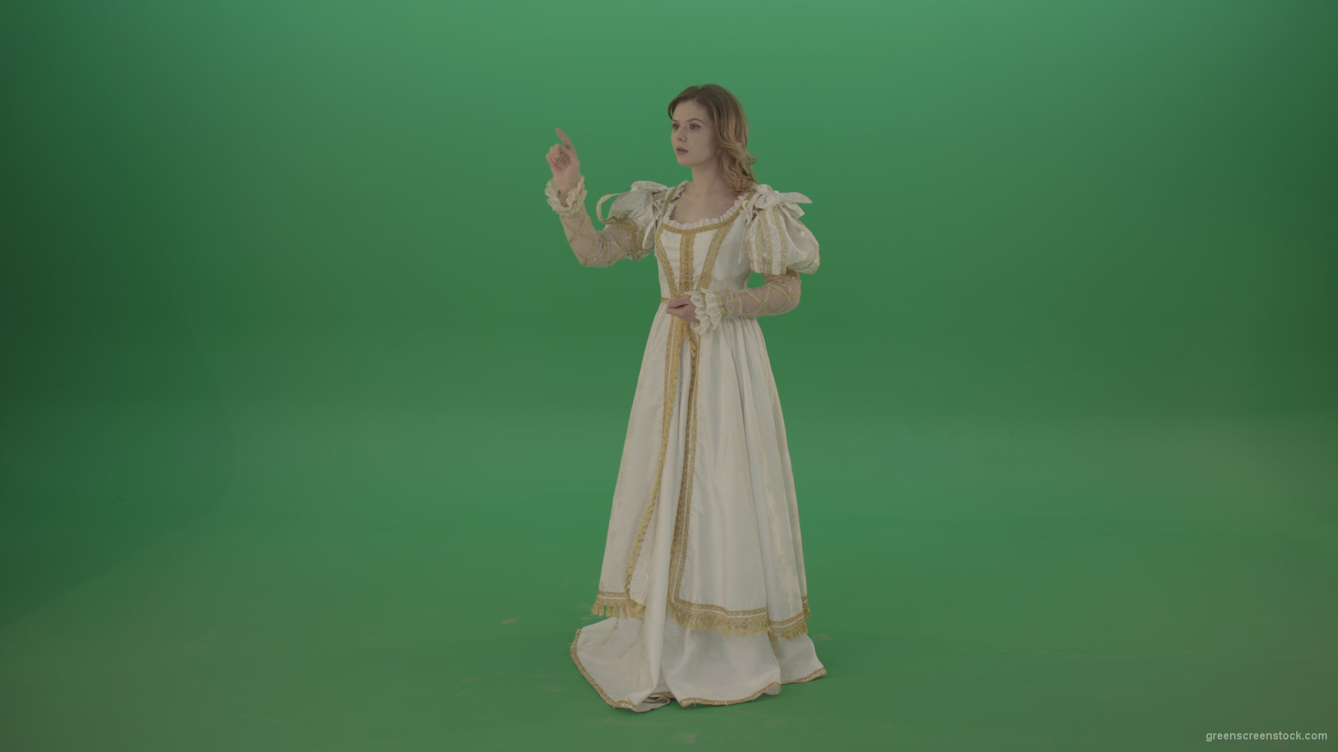 Flips-the-touchscreen-princess-in-a-white-dress-isolated-on-green-screen_006 Green Screen Stock