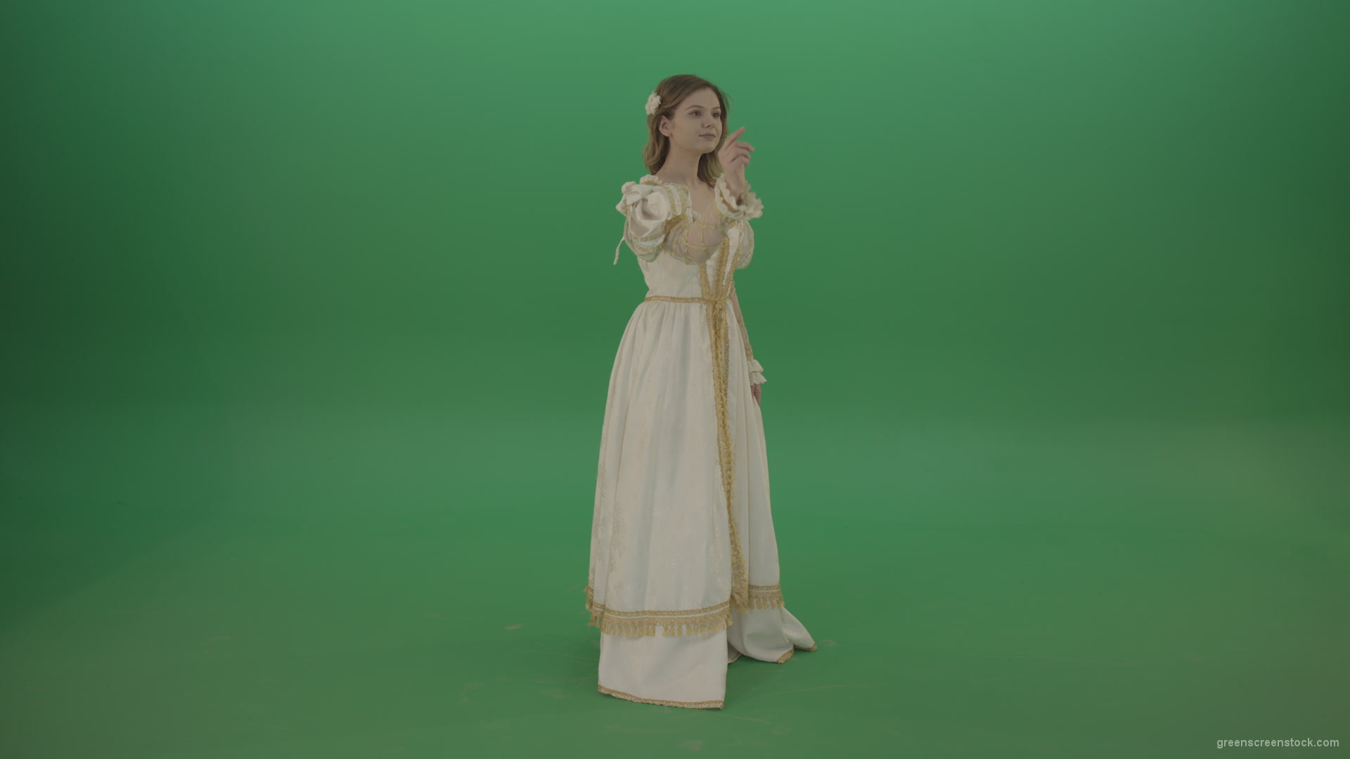vj video background Flips-touchscreen-in-a-white-suit-of-a-medieval-woman-isolated-on-green-screen_003