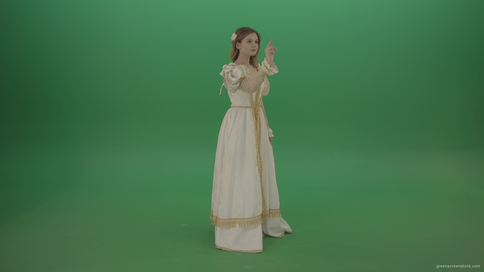 Flips-touchscreen-in-a-white-suit-of-a-medieval-woman-isolated-on-green-screen_006 Green Screen Stock
