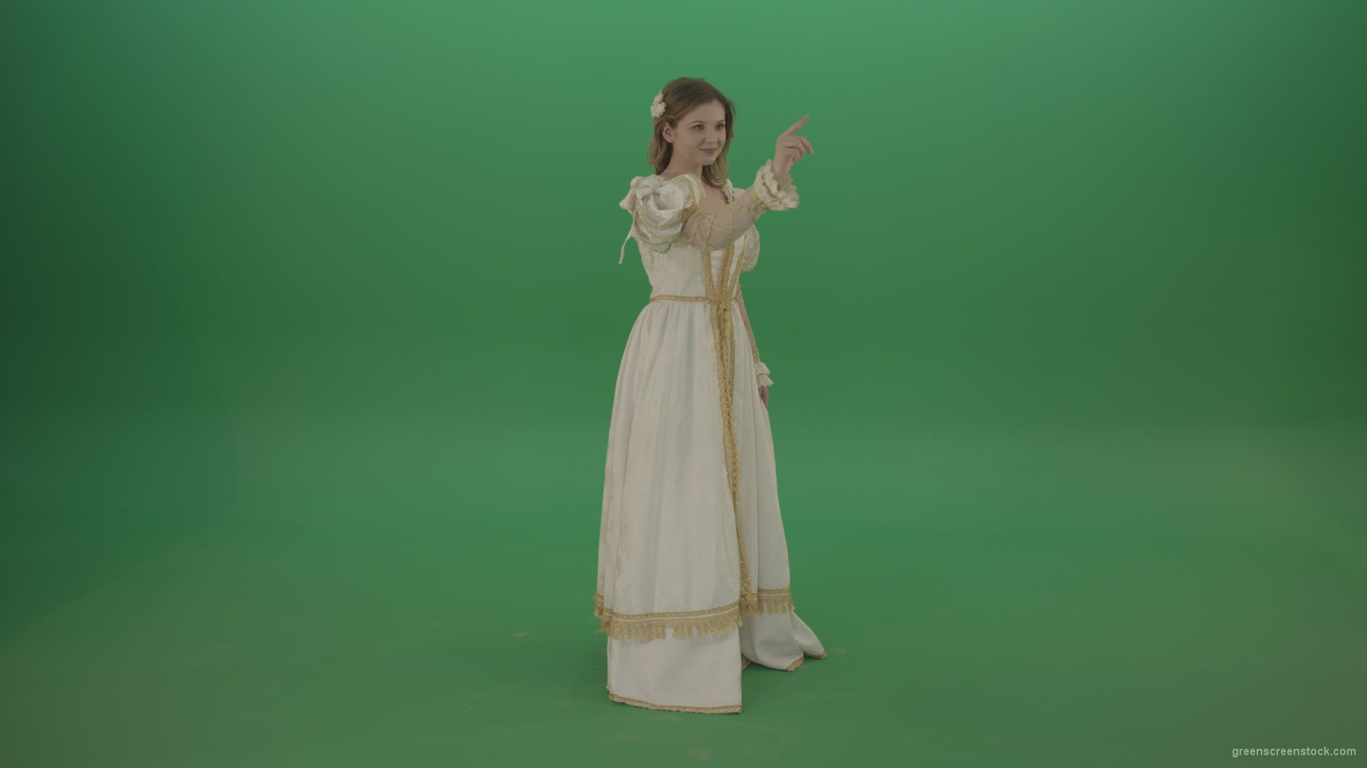 Flips-touchscreen-in-a-white-suit-of-a-medieval-woman-isolated-on-green-screen_007 Green Screen Stock