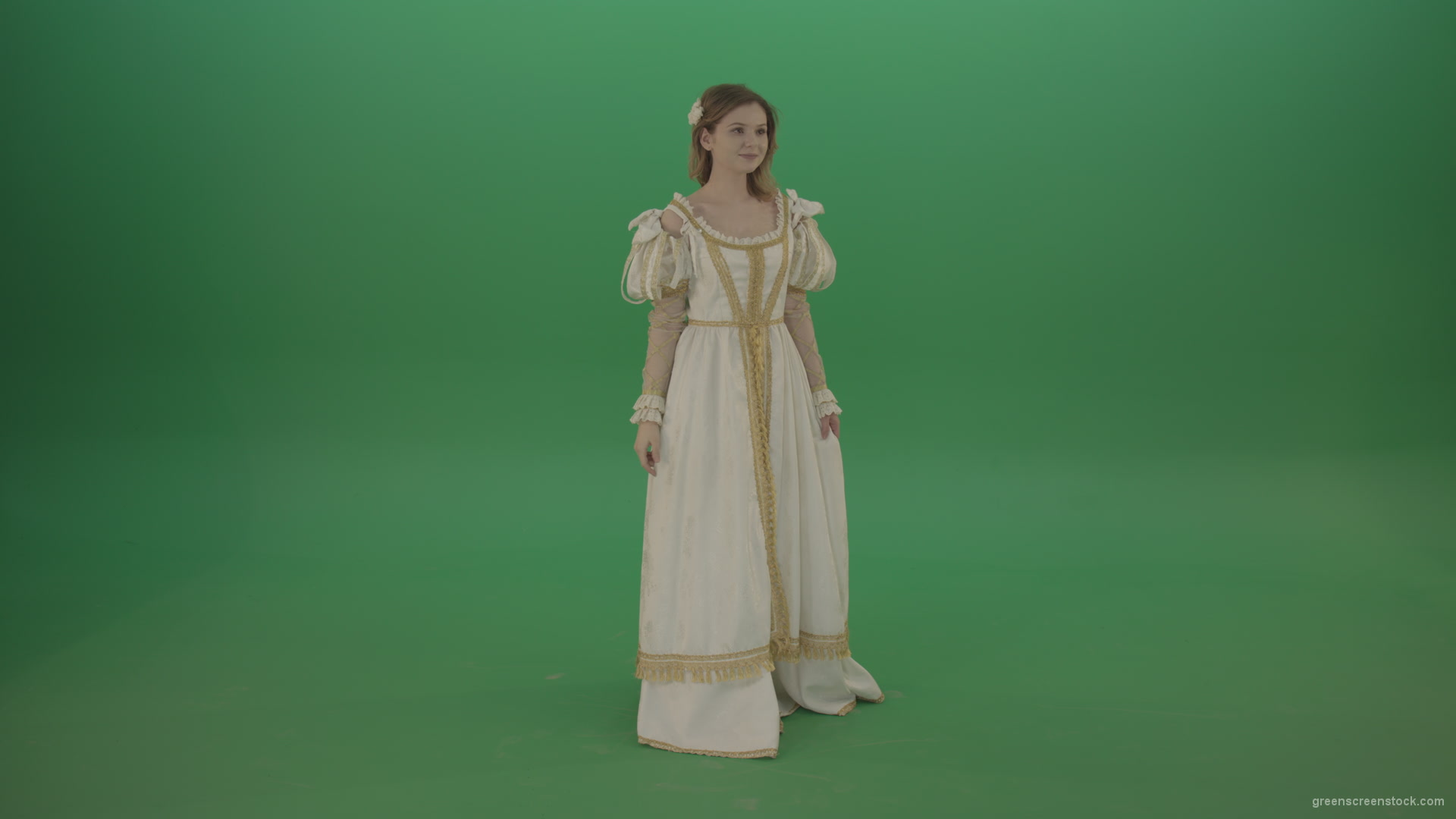 Flips-touchscreen-in-a-white-suit-of-a-medieval-woman-isolated-on-green-screen_009 Green Screen Stock