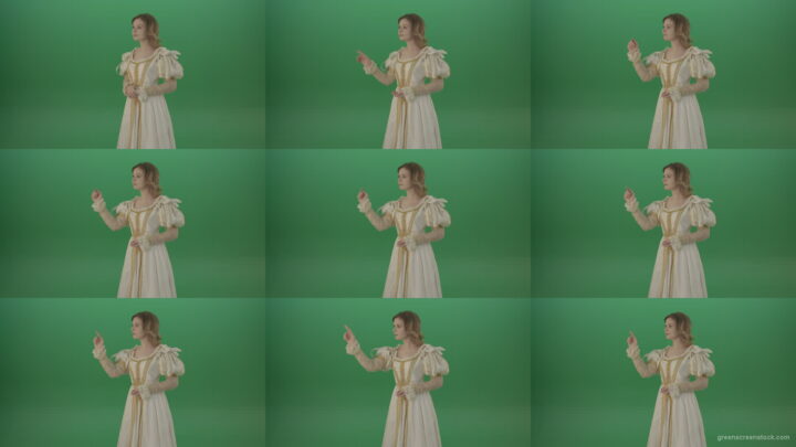 Fluttering-a-lie-on-a-virtual-screen-girl-in-a-white-suit-isolated-on-green-screen Green Screen Stock