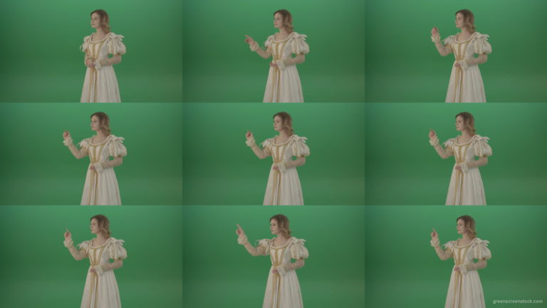 Fluttering-a-lie-on-a-virtual-screen-girl-in-a-white-suit-isolated-on-green-screen Green Screen Stock