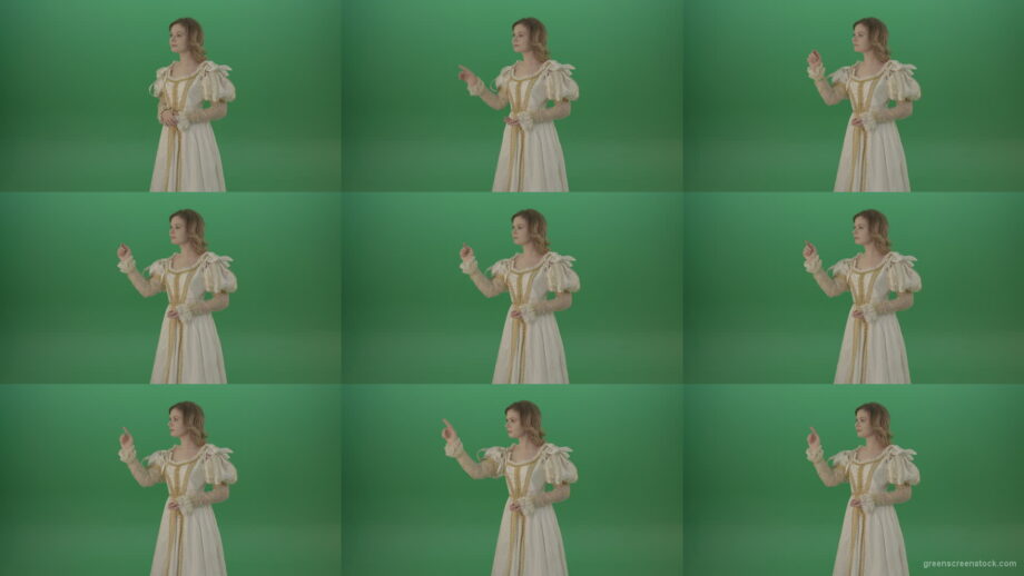 Fluttering-a-lie-on-a-virtual-screen-girl-in-a-white-suit-isolated-on-green-screen Green Screen Stock