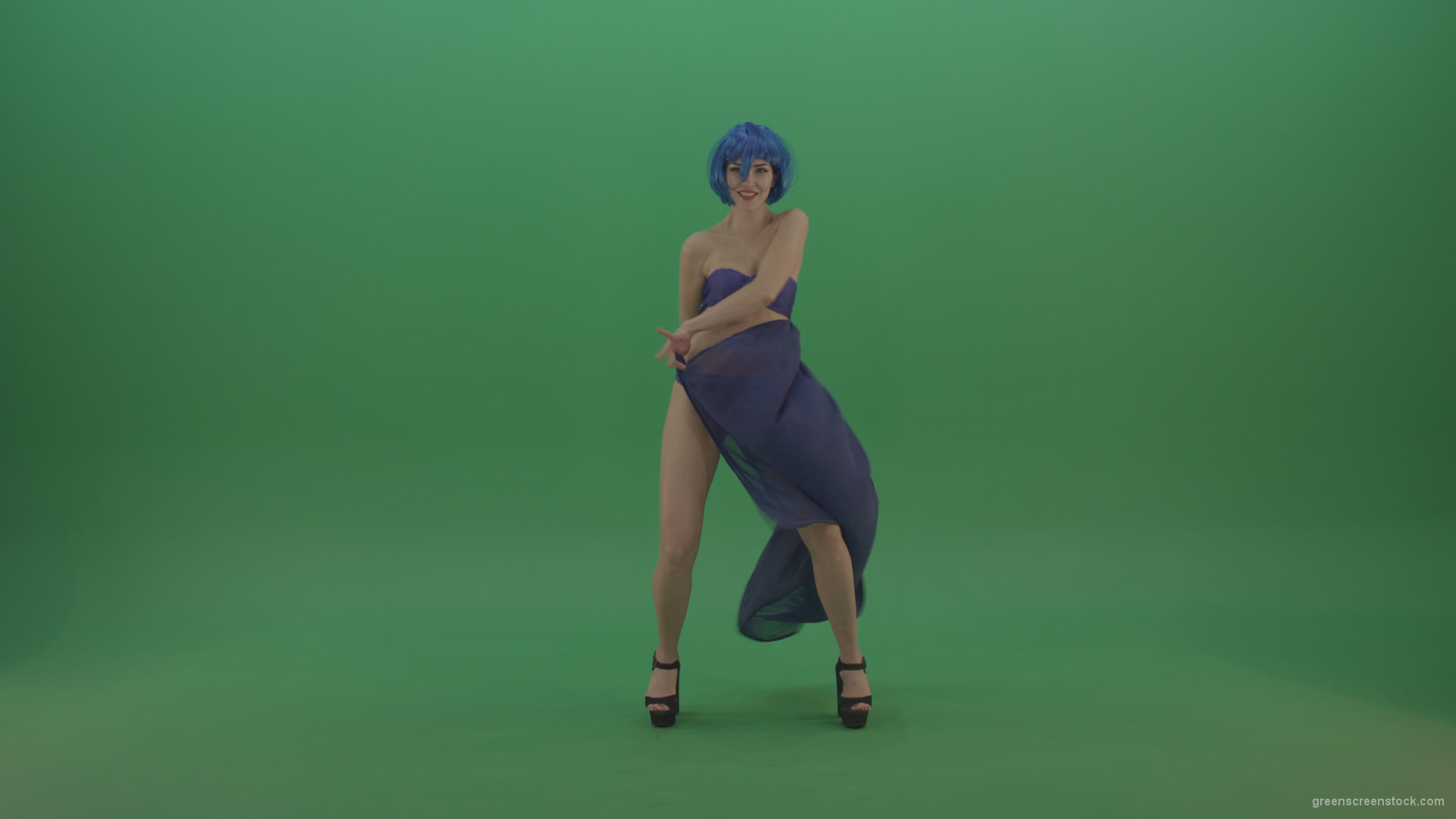Full-size-erotic-young-girl-dancing-go-go-with-blue-dress-curtain-on-green-screen_008 Green Screen Stock