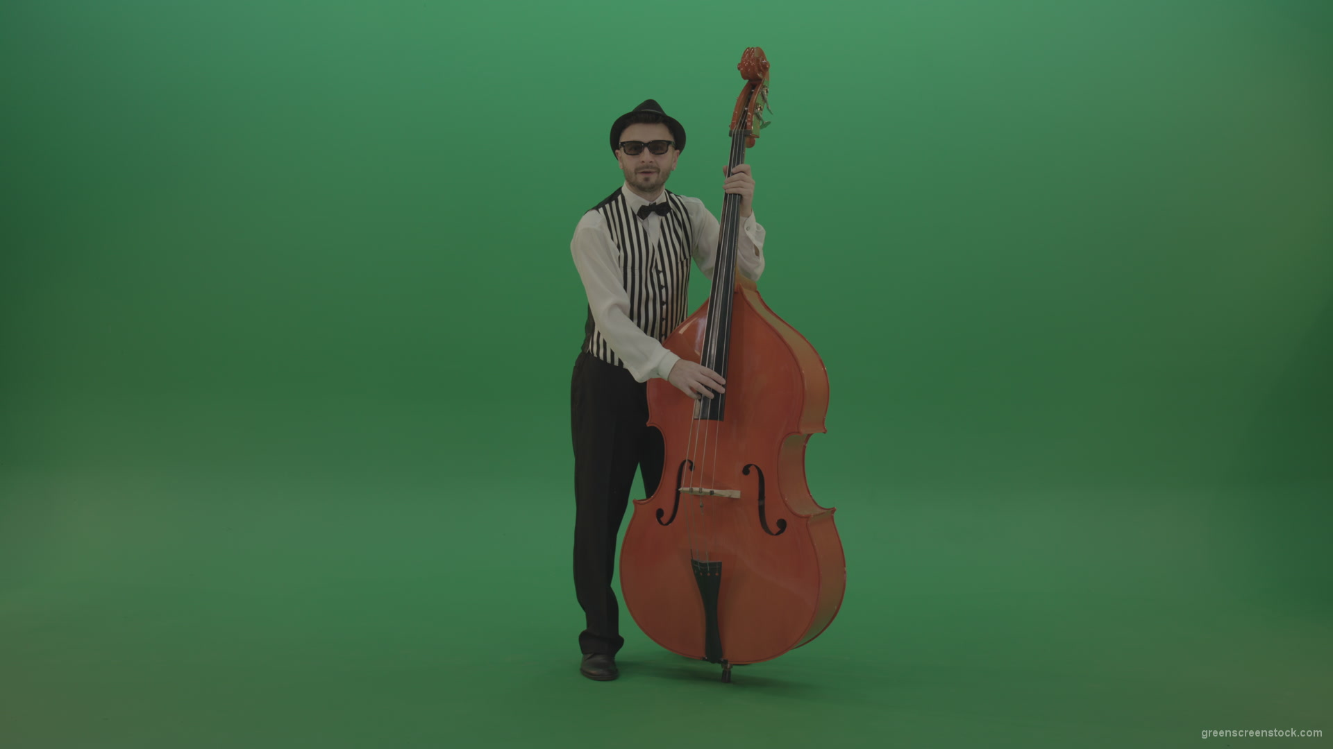 Full-size-man-play-jazz-on-double-bass-String-music-instrument-isolated-on-green-screen_001 Green Screen Stock