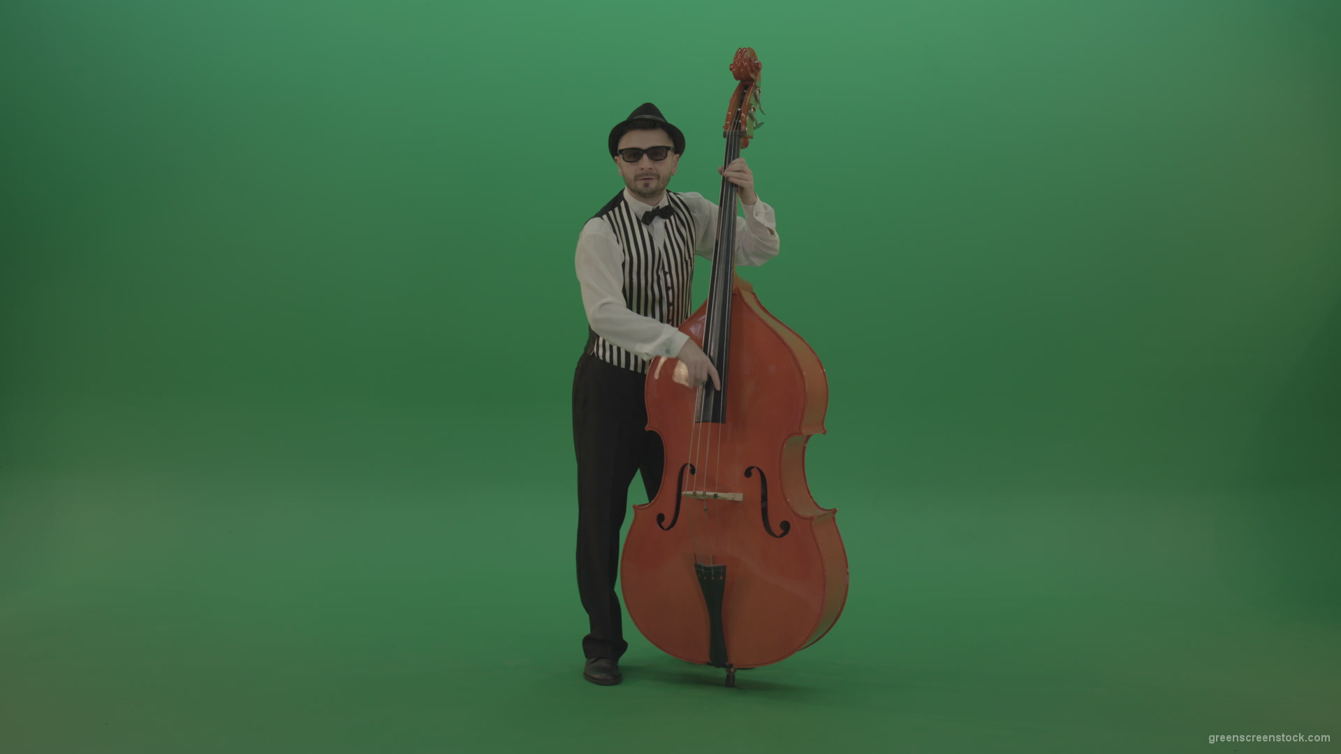 Full-size-man-play-jazz-on-double-bass-String-music-instrument-isolated-on-green-screen_002 Green Screen Stock