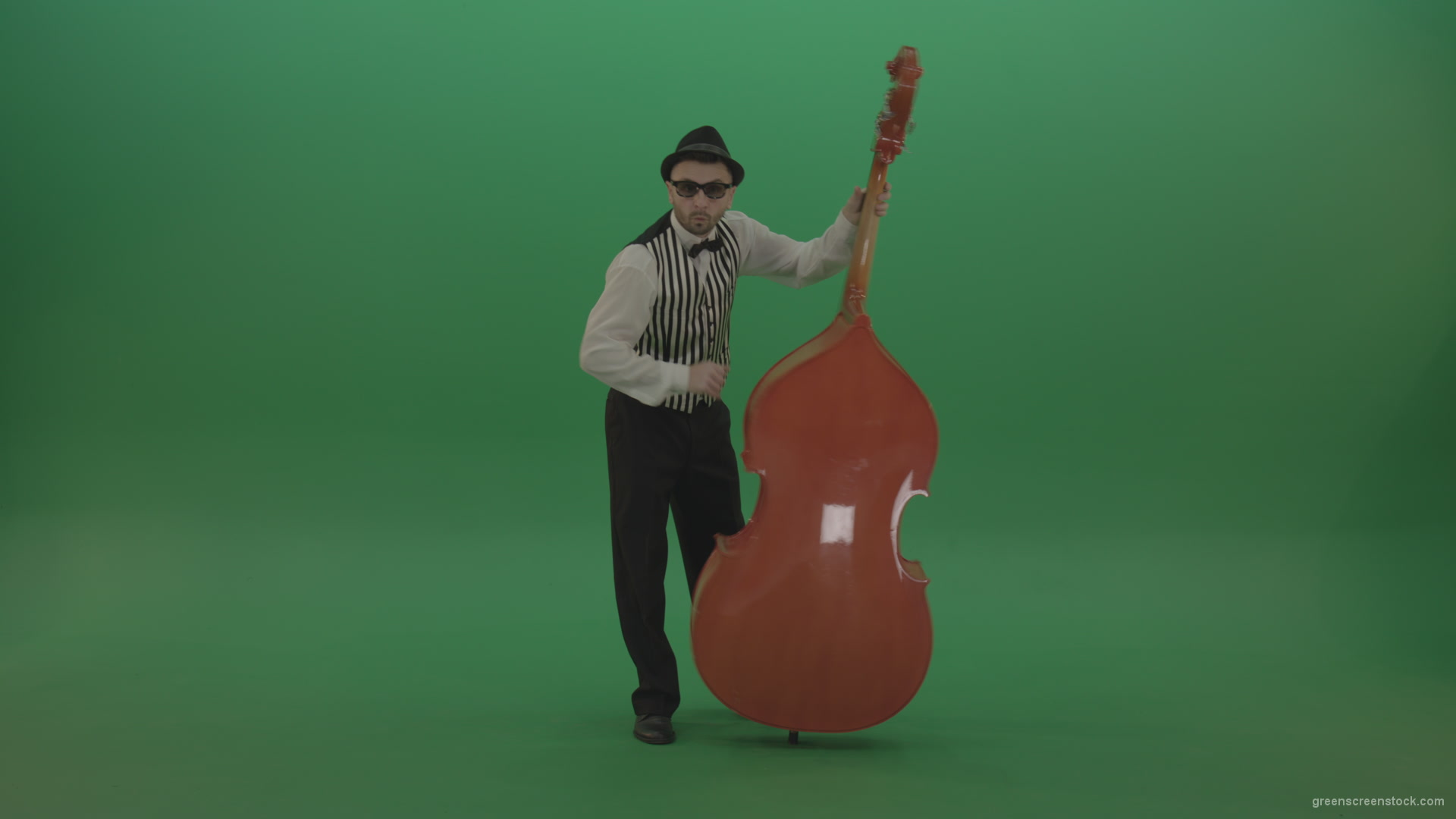 vj video background Full-size-man-play-jazz-on-double-bass-String-music-instrument-isolated-on-green-screen_003