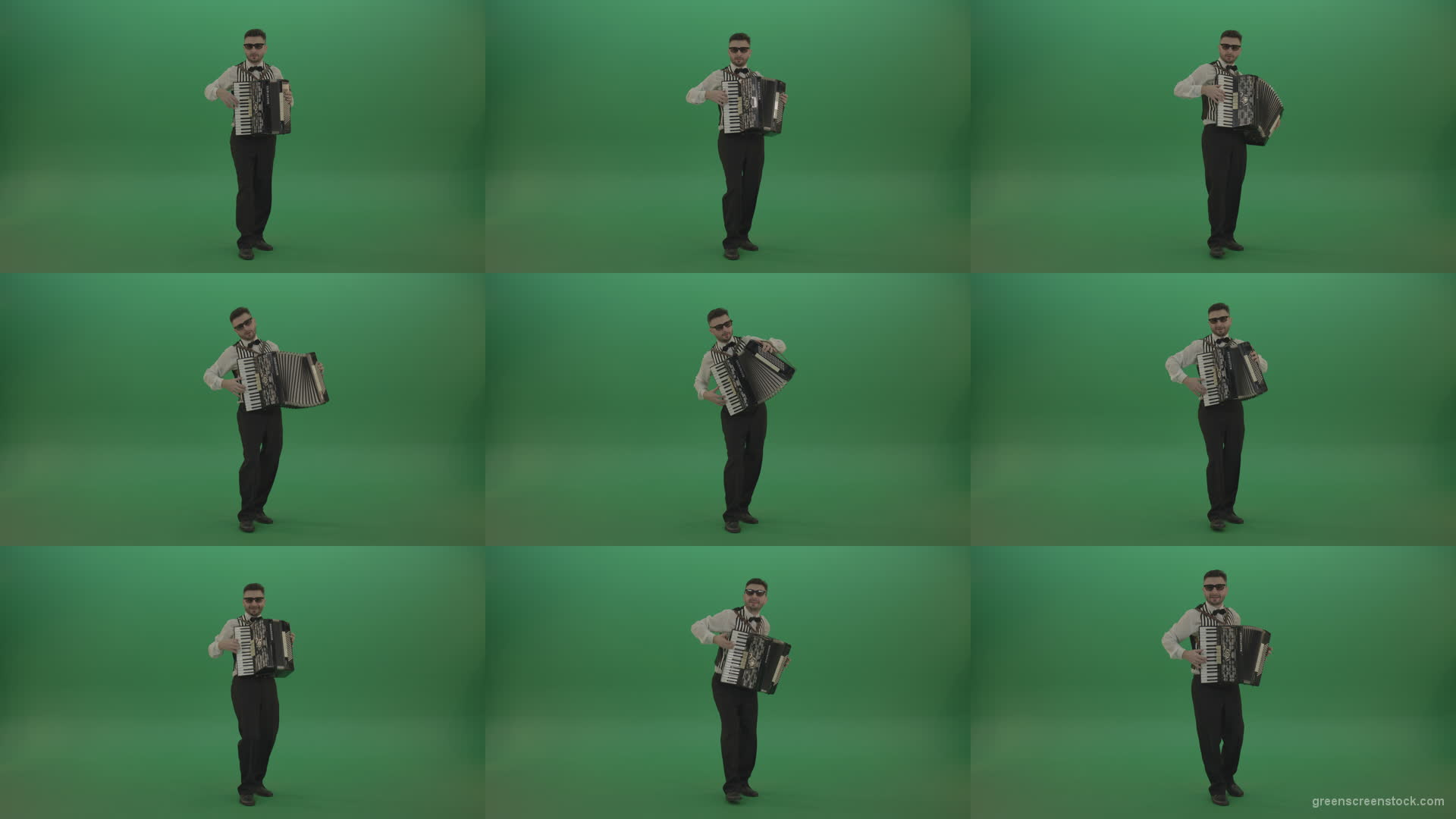 Full-sized-man-playing-Accordions-isolated-on-green-screen Green Screen Stock