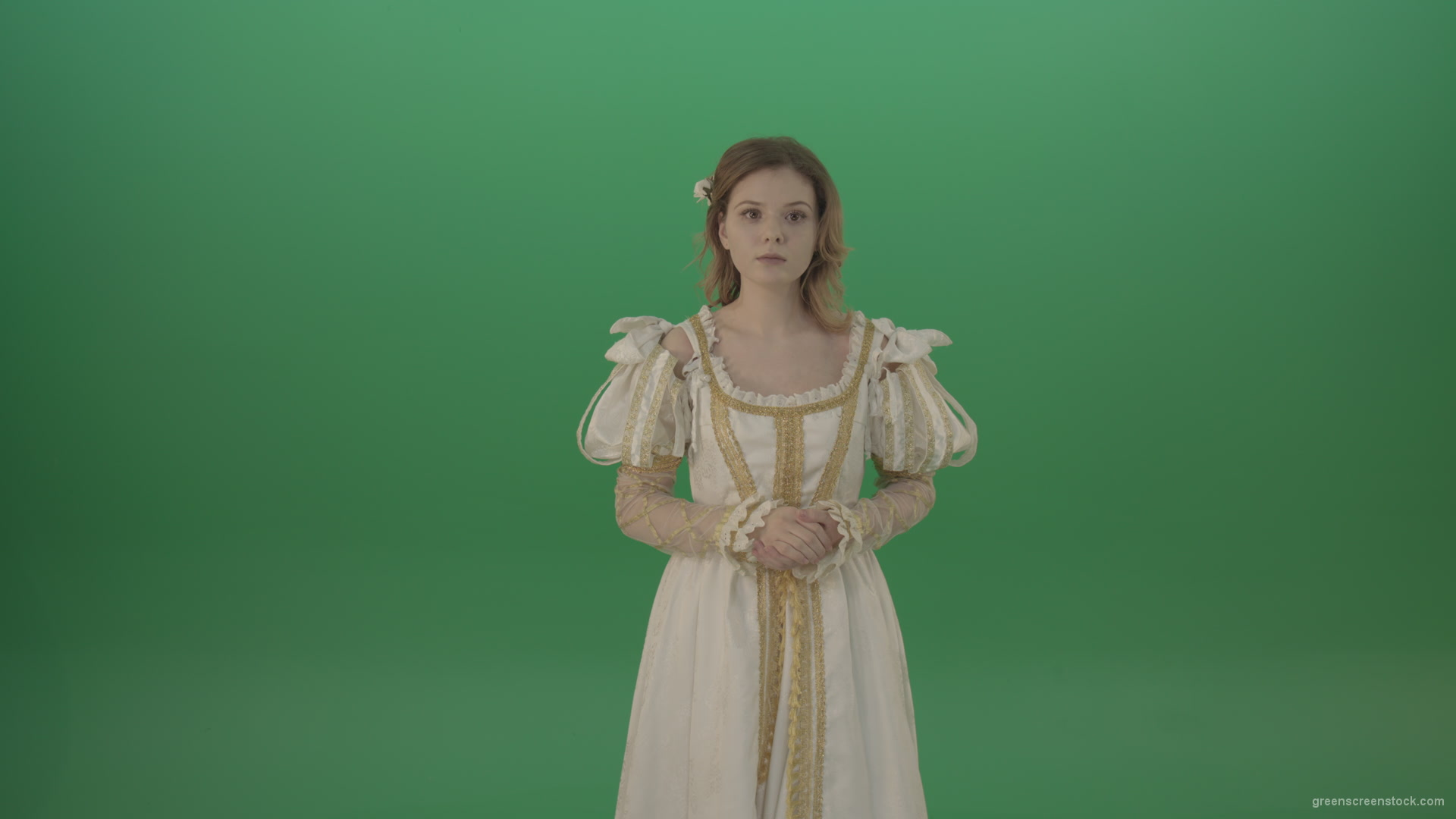 Girl-asks-to-be-quieter-in-a-white-dress-isolated-on-green-screen_001 Green Screen Stock
