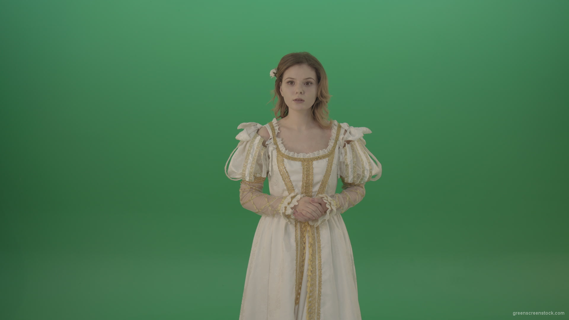 Girl-asks-to-be-quieter-in-a-white-dress-isolated-on-green-screen_002 Green Screen Stock