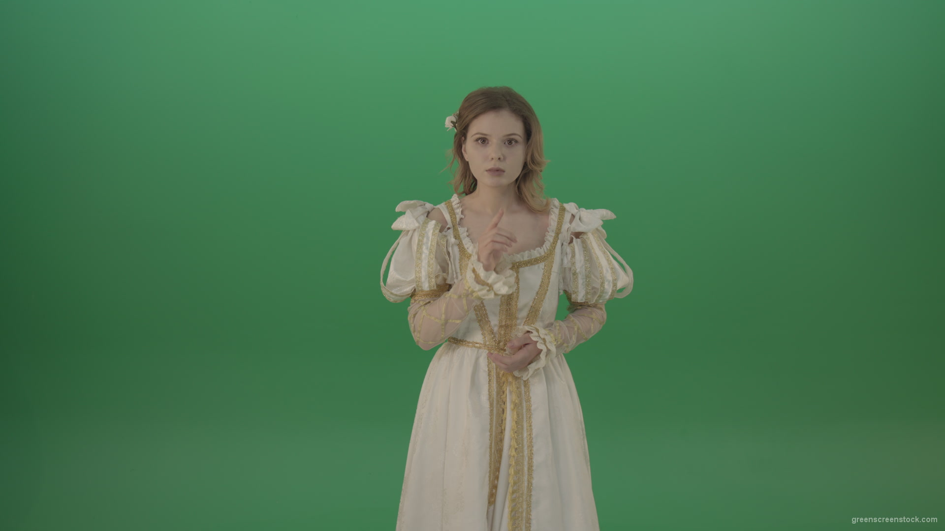 Girl-asks-to-be-quieter-in-a-white-dress-isolated-on-green-screen_005 Green Screen Stock