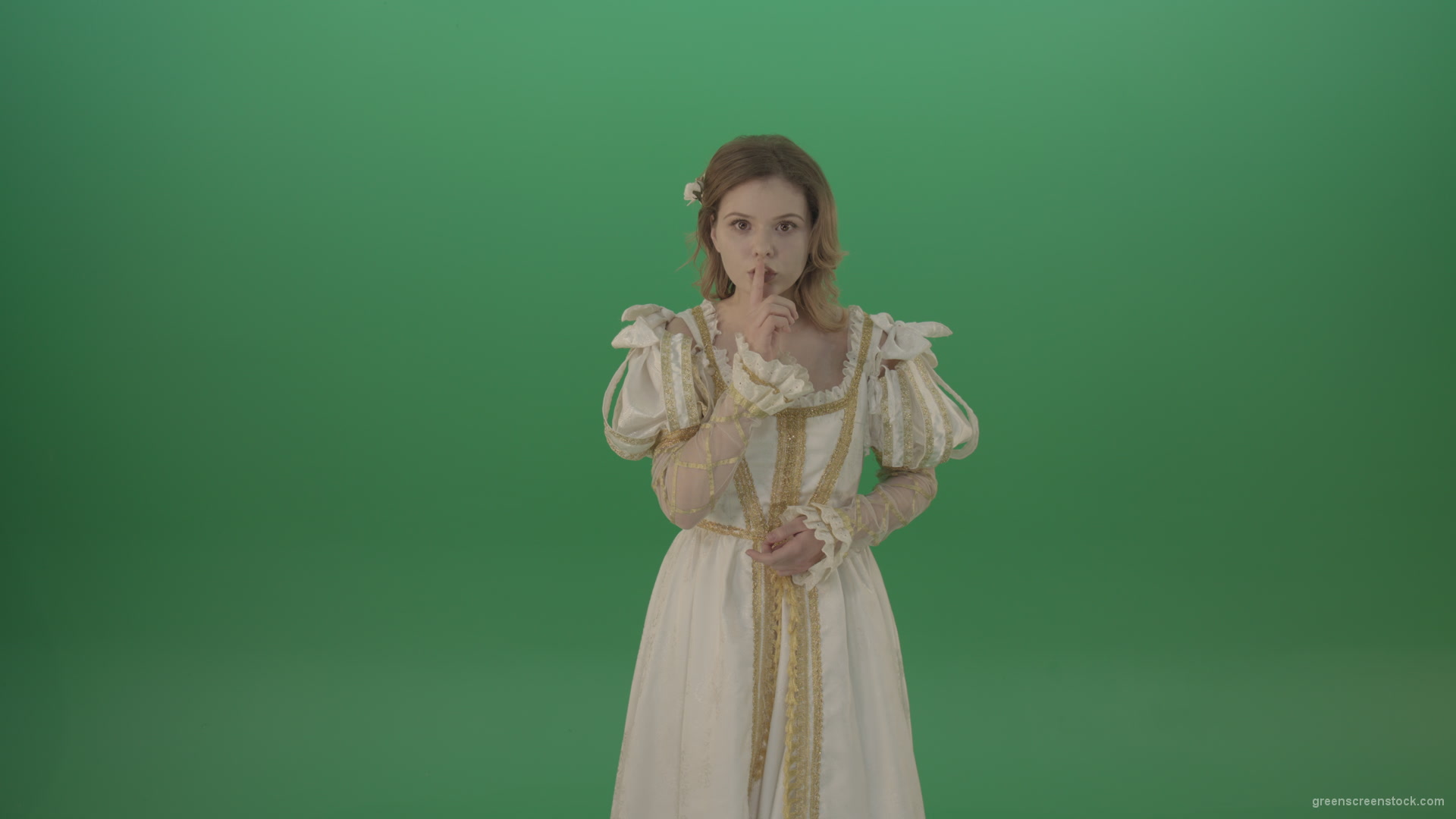 Girl-asks-to-be-quieter-in-a-white-dress-isolated-on-green-screen_006 Green Screen Stock