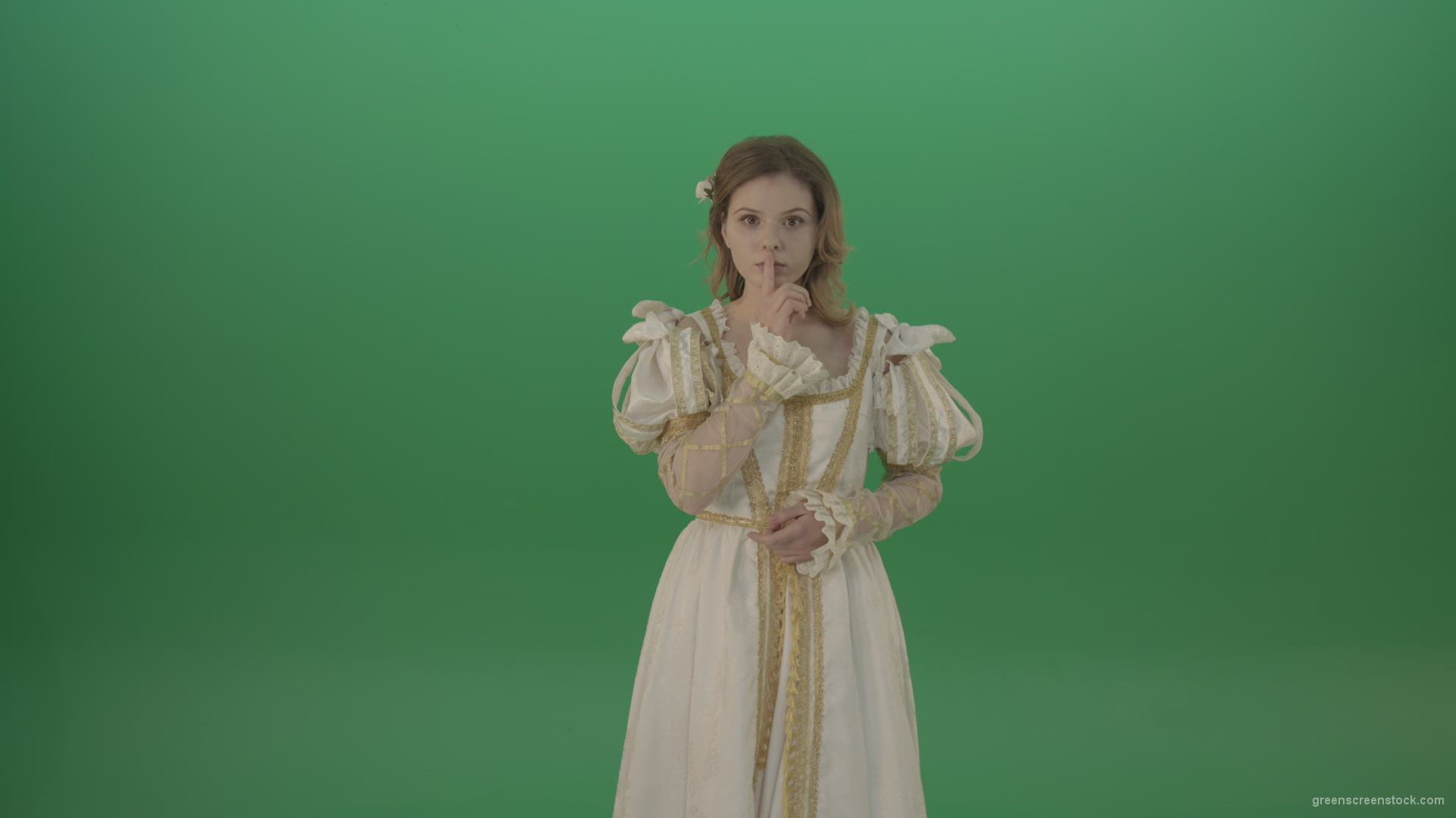 Girl-asks-to-be-quieter-in-a-white-dress-isolated-on-green-screen_008 Green Screen Stock