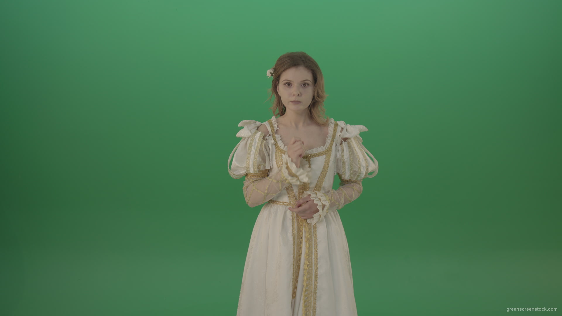 Girl-asks-to-be-quieter-in-a-white-dress-isolated-on-green-screen_009 Green Screen Stock
