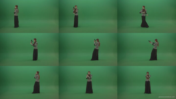 Girl-dressed-in-an-ancient-costume-holds-a-gun-in-her-hands-walks-and-shoots Green Screen Stock