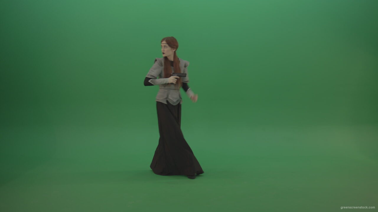 vj video background Girl-dressed-in-an-ancient-costume-holds-a-gun-in-her-hands-walks-and-shoots_003