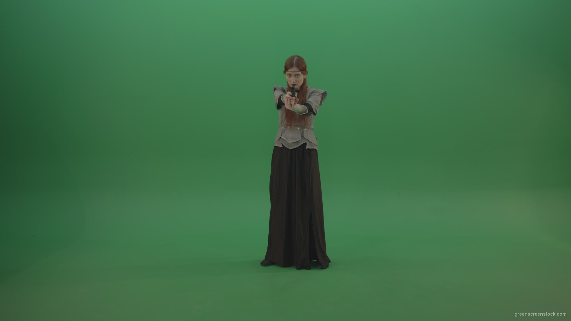 Girl-dressed-in-an-ancient-costume-holds-a-gun-in-her-hands-walks-and-shoots_009 Green Screen Stock