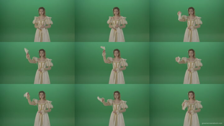 Girl-farewell-and-waves-with-a-white-handkerchief-isolated-on-green-background Green Screen Stock