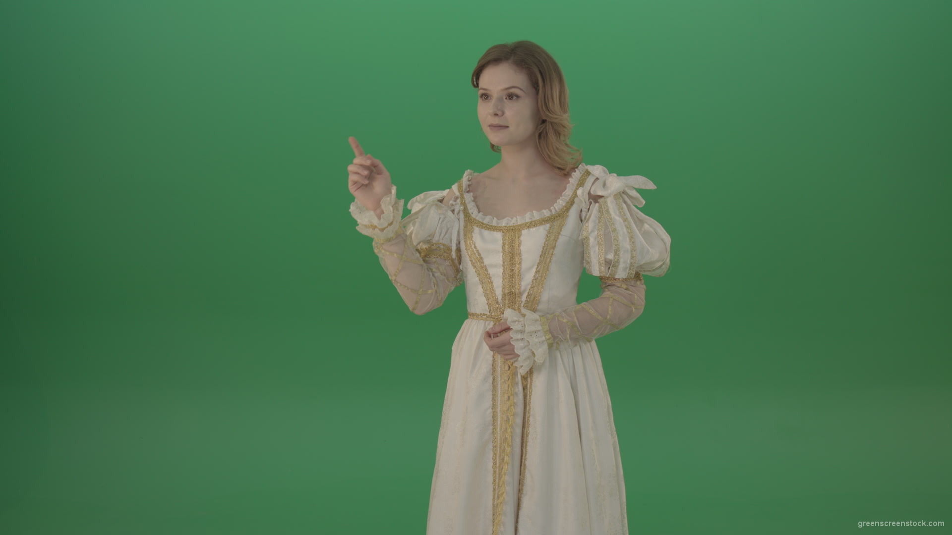 vj video background Girl-flips-a-virtual-screen-dressed-in-a-medieval-costume-isolated-on-green-screen_003