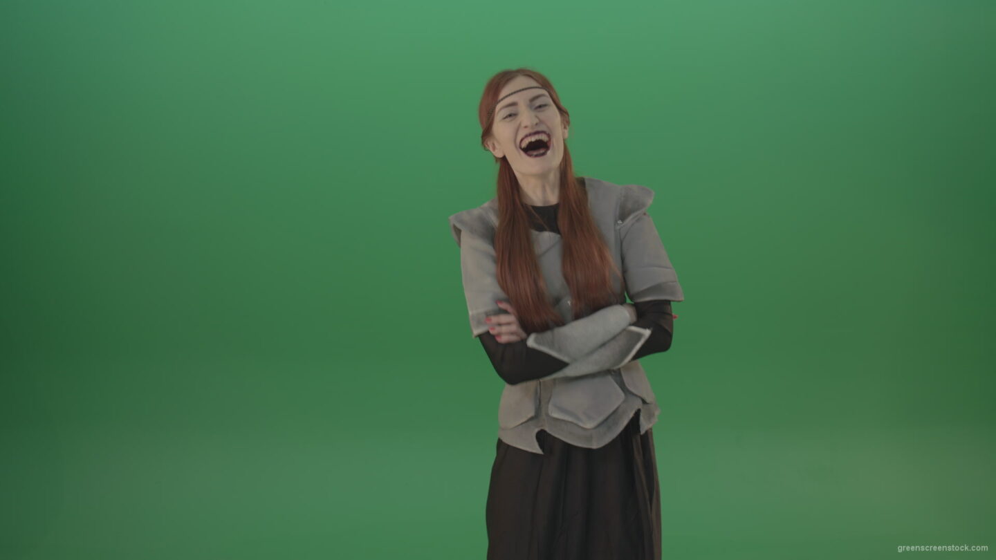 vj video background Girl-in-a-medieval-wig-costume-laughs-on-a-green-background-1_003