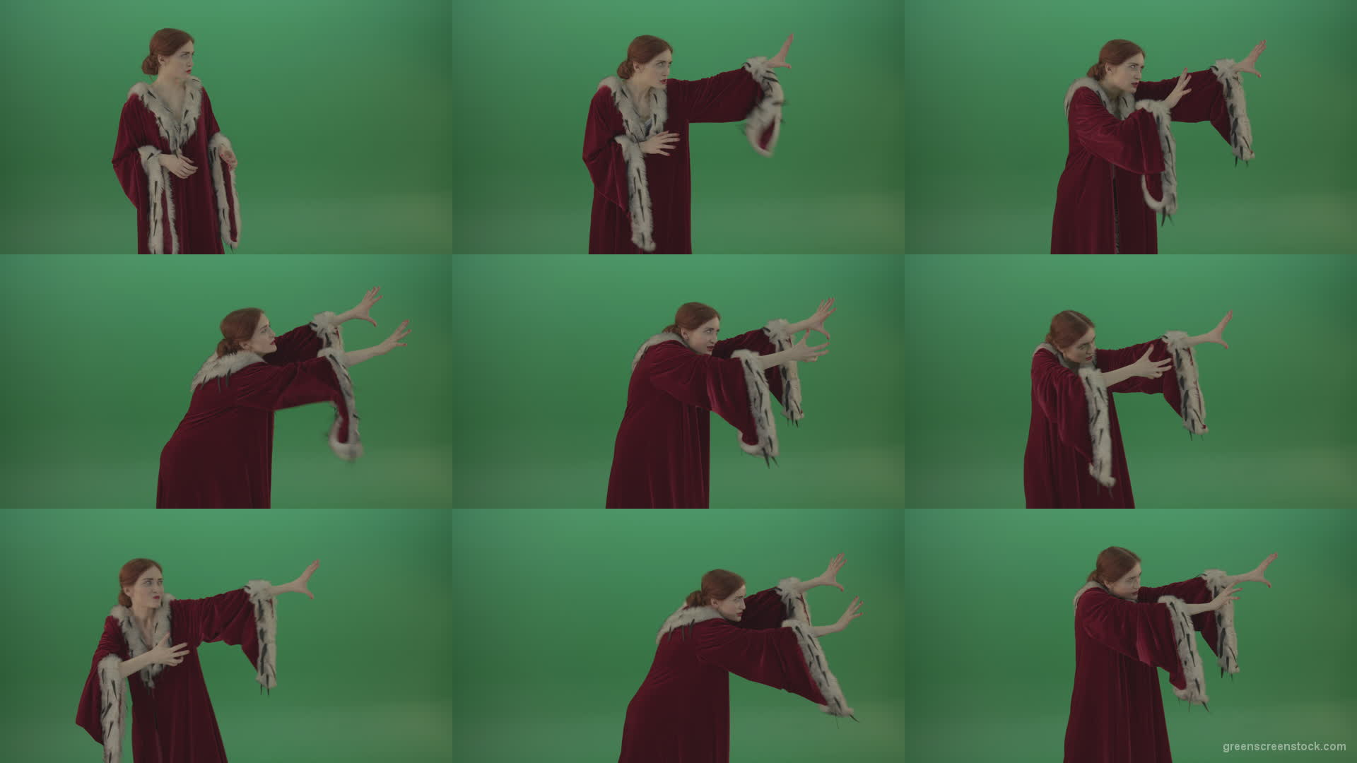 Girl-is-dressed-in-a-red-cloak-shoots-proton-lasers- Green Screen Stock