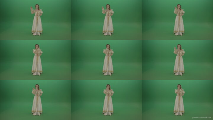 Girl-is-full-grown-dressed-beautifully-screaming-the-news-leader-isolated-on-green-background Green Screen Stock